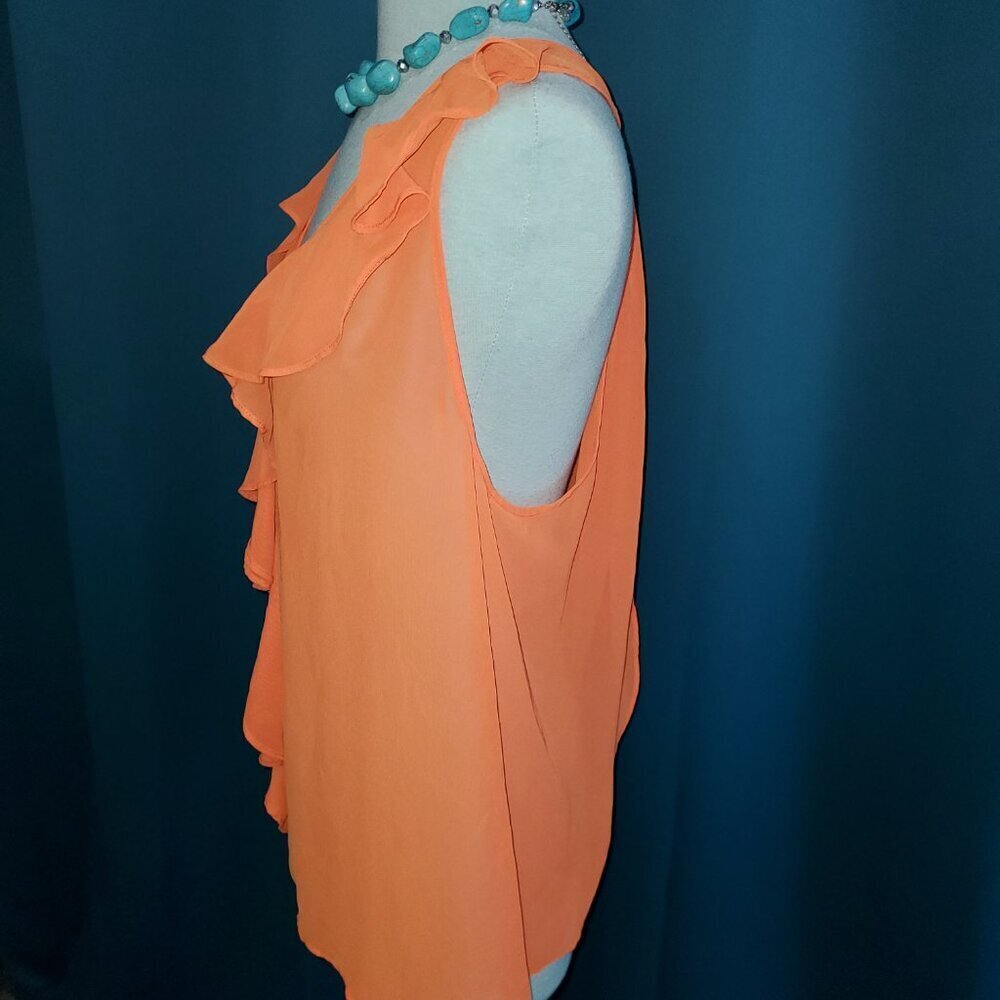 Sleeveless Ruffled V-Neck Sheer Blouse Coral Orange – M - Picture 5 of 7
